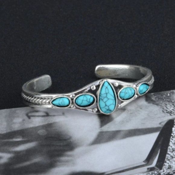 Dainty Turquoise Waterdrop Boho Cuff Bracelet - Picture 2 of 7